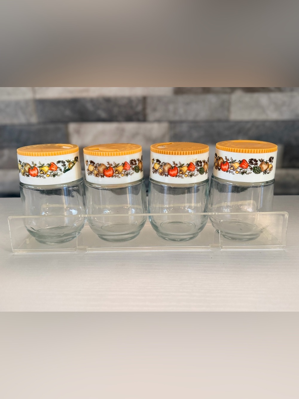 Vintage 1970s Gemco "Spice of Life" Glass Spice Jars with Acrylic Rack Set of 4
